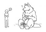 4_toes anthro canid canine canis claws crossed_arms dialogue duo electronics emoticon feet fluffy frown game_console holding_object human male mammal monochrome mythological_canine mythological_creature mythology nintendo nintendo_ds nintendo_ds_family pawpads pictographics question_mark sad sitting size_difference snazzapplesweet standing toes were werecanid werecanine werewolf wolf