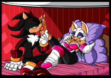 anthro black_body boots breasts clothing duo feet female foot_fetish foot_focus foot_lick footwear gloves handwear licking male one_boot_on shoes soles toes tongue white_clothing white_gloves white_handwear geargades sega sonic_the_hedgehog_(series) rouge_the_bat shadow_the_hedgehog bat eulipotyphlan hedgehog mammal hi_res