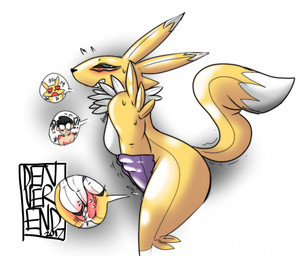 after_transformation anthro black_hair blue_eyes bodily_fluids bulge clothing confusion costume cum cum_in_vagina cum_inside dipstick_tail duo female fingering fingering_self gender_transformation genital_fluids genitals hair handjob heart_eyes heart_symbol interrobang latex latex_clothing latex_skinsuit male markings masturbation merging penetration penile sex shared_body simple_background skinsuit solo_focus tail tail_markings text tight_clothing transformation vaginal vaginal_penetration vulva white_background white_body white_tail_tip yellow_body zipper denverend bandai_namco digimon animate_inanimate canid canine digimon_(species) fox human living_clothing living_costume living_latex mammal renamon 2017 artist_name digital_media_(artwork)