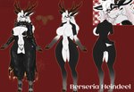 5_fingers anthro antlers armor big_breasts black_body black_cape black_clothing black_fur black_thong black_underwear breasts cape clothing featureless_breasts featureless_crotch female fingers fur hair hooves horn leg_armor long_hair looking_at_viewer multicolored_body multicolored_fur red_background red_eyes simple_background small_waist solo tail text thick_thighs thong two_tone_body two_tone_fur unconvincing_armor underwear white_body white_fur white_hair wide_hips womb_tattoo maned_kitsune berseria_heindeel deer mammal new_world_deer reindeer 2023 english_text hi_res model_sheet