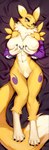 anthro big_breasts biped black_sclera blue_eyes breasts claws countershade_fur countershade_torso countershading dakimakura dipstick_tail female fingers fur looking_at_viewer markings smile smiling_at_viewer solo tail tail_markings yellow_body yellow_fur krokobyaka bandai_namco digimon canid canine digimon_(species) mammal renamon 2023 dakimakura_design