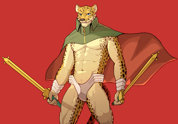 abs anthro bottomwear bracelet cape clothed clothing countershading holding_melee_weapon holding_object holding_sword holding_weapon jewelry male melee_weapon muscular muscular_anthro muscular_male navel pecs red_background simple_background smile solo spots standing sword topless topless_male weapon jrjresq atlus megami_tensei sega the_lesser_key_of_solomon ose_(megami_tensei) demon felid leopard mammal pantherine 2021 hi_res