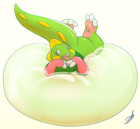 ambiguous_gender anthro big_tail brown_eyes bubble clothing glistening glistening_body glossy_body green_body green_clothing looking_at_viewer lying on_bubble on_front open_mouth pose simple_background solo tail tongue tongue_out white_background yellow_cheeks stormdragonblue vulpinekeyblader bubble_bobble square_enix taito alex_(joltink) bubble_dragon 2016 absurd_res hi_res