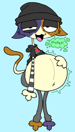 anthro beanie belly big_belly big_butt blue_background brown_body brown_fur brown_tail_tip burp_cloud burping butt calico_pattern clothed clothing dipstick_tail female female_pred fur grey_body grey_fur hand_on_belly hat headgear headwear hoodie long_sleeve_shirt looking_at_viewer markings motion_lines navel one_eye_half-closed onomatopoeia open_mouth pink_tongue raised_clothing raised_hoodie raised_topwear simple_background solo sound_effects standing tail tail_markings tan_body tan_fur tan_tail text thin_tail tongue topwear vore barvey epic_games fortnite fortnite:_battle_royale meow_skulls calico_cat domestic_cat felid feline felis mammal 2025 digital_drawing_(artwork) digital_media_(artwork) english_description