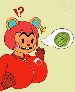 big_breasts breasts confusion eyebrows female food fruit hair interrobang melon plant red_hair shaking simple_background simple_eyes solo trembling unibrow hyenalattes animal_crossing nintendo hazel_(animal_crossing) mammal rodent sciurid tree_squirrel absurd_res flat_colors hi_res