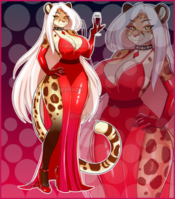 alcohol anthro armwear athletic_wear beverage big_breasts border breasts butt clothing container cup dress drinking_glass elbow_gloves female footwear glass glass_container glass_cup gloves hair handwear high_heels latex long_hair red_border red_clothing red_dress red_footwear red_high_heels shoes simple_background small_waist solo tail thick_thighs white_hair wide_hips wine wine_glass revkoen felid leopard mammal pantherine absurd_res hi_res