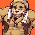 1:1 anthro bear blush clothing disembodied_hand duo eyewear food glasses hat headgear headwear hi_res istani lifewonders male mammal moobs muscular muscular_male pocky simple_background straw_hat tokyo_afterschool_summoners towel towel_around_neck volos_(tas) white_background