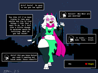 abstract_background anthro armwear bare_thigh black_clothing black_gloves black_handwear black_leggings black_legwear bottomwear castle clothing elbow_gloves eyes_closed eyewear femboy fingerless_gloves gesture glasses gloves green_bottomwear green_clothing green_shirt green_skirt green_topwear handwear heart_symbol horn leggings legwear male midriff pink_eyewear pink_glasses pink_horn pink_scarf scarf shirt skirt sleeveless_clothing smile text thick_thighs topwear waving white_body wide_hips dirtymac deltarune undertale_(series) ralsei susie_(deltarune) bovid caprine darkner goat mammal 4:3 absurd_res english_text hi_res