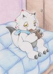 ambiguous_gender anthro bed blush candy chibi chocolate claws dessert detailed_background eating food furniture horn inside looking_at_viewer on_bed sitting solo white_body wings yellow_eyes tabasukotrr bandai_namco digimon digimon_ghost_game digimon_(species) gammamon hi_res traditional_media_(artwork)