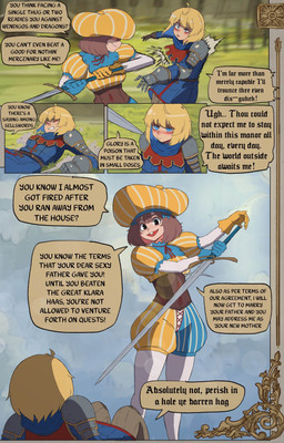 armor buckteeth duo female fight freckled_face freckles impact melee_weapon motion_lines outside smile speech_bubble sword teeth text weapon basedbinkie flayne_(basedbinkie) klara_(basedbinkie) animal_humanoid human humanoid lagomorph lagomorph_humanoid leporid_humanoid mammal mammal_humanoid rabbit_humanoid absurd_res english_text hi_res