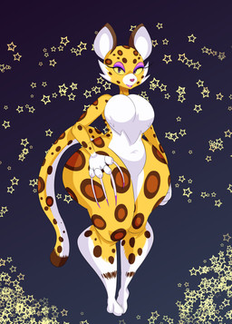anthro big_breasts black_background breasts chest_tuft claws countershading eyeshadow female fur looking_at_viewer makeup markings navel pose purple_eyeshadow simple_background solo spots spotted_body spotted_fur standing star thick_thighs tuft wide_hips yellow_eyes meadowshrub kirby_(series) kirby_and_the_forgotten_land nintendo clawroline felid leopard mammal pantherine absurd_res digital_drawing_(artwork) digital_media_(artwork) hi_res