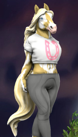 anthro blonde_hair blue_eyes clothing female hair leggings legwear pink_nose shirt solo standing topwear white_clothing white_shirt white_topwear chonk3rr hero_forge loral_(chonk3rr) equid equine horse mammal pinto_horse