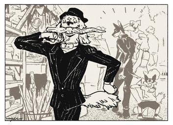 anthro biped black_clothing black_suit border bow_tie box clothing container female gloves group hair handwear male pattern_clothing pattern_topwear pigtails pinstripe_suit smile stick store stripes suit tail topwear walking white_border nagabe distracted_boyfriend canid canine human mammal meme