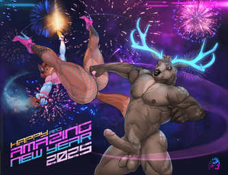 5_fingers anthro antlers ball_grab balls black_nose brown_body brown_fur brown_hair butt clothed clothed/nude clothed_anthro clothed_male clothing cock_and_ball_torture crossdressing duo erection fingers fireworks fishnet_clothing fishnet_legwear footwear fur genital_torture genitals glowing glowing_antlers gun hair handgun high_heels holidays horn humanoid_hands legwear male male/male muscular muscular_anthro muscular_male navel night nipples nude nude_anthro nude_male penis pistol ranged_weapon red_body red_fur shoes text weapon zorro_re new_year new_year_2025 ambar_(zorro_re) canid canine deer fox mammal 2025 dated english_text hi_res signature