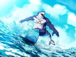 5_fingers anthro blue_body blue_sky bottomwear clothed clothing cloud fingers green_bottomwear green_clothing male nipples open_mouth pecs red_eyes scar sky solo surfboard surfing swimwear topless vehicle water watercraft lowerkuo lifewonders tokyo_afterschool_summoners typhon_(tas) fish marine shark blue_theme hi_res