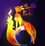 anthro big_breasts breasts collar digitigrade female fire hair long_tail looking_aside lying nipples on_front planet propaganda purple_eyes short_hair smile solo suggestive tail text thick_thighs whiskers sandygarnelle firefox mozilla mozilla_firefox_(character) canid canine fox mammal 2023 digital_media_(artwork) digital_painting_(artwork) english_text