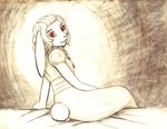 anthro bed clothing curled_hair dress female fur furniture hair looking_at_viewer red_eyes smile solo white_body white_fur young young_anthro young_female meowmere gertrude_(meowmere) lagomorph leporid mammal rabbit absurd_res hi_res