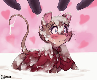 all_fours anthro blue_eyes blush blush_lines bodily_fluids brown_body brown_fur buckteeth bukkake cape cheek_tuft clothing cum cum_covered cum_on_body cum_on_face cum_on_tail eyelashes facial_tuft female fur genital_fluids genitals heart_symbol logo male male/female mature_female messy partially_submerged penis solo tail teeth tuft whiskers doronkomajo don_bluth the_secret_of_nimh mrs._brisby mammal mouse murid murine rodent wood_mouse 2023 artist_logo dated