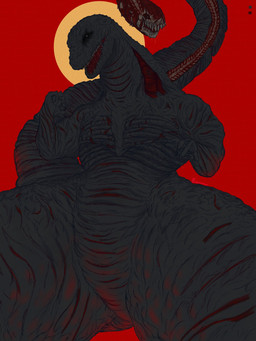 4_fingers anthro biped black_body black_claws black_sclera black_tail bodily_fluids claws dark_body drooling featureless_chest featureless_crotch female finger_claws fingers flat_chested geometric_background glistening glistening_eyes grey_eyes huge_hips iris living_tail long_tail looking_at_viewer looking_down looking_down_at_viewer low-angle_view nude nude_anthro nude_female open_mouth pupils saliva saliva_string sharp_teeth simple_background small_arms snout solo standing tail teeth text thick_neck thick_tail thick_thighs unusual_anatomy unusual_tail wide_hipped_anthro wide_hipped_female wide_hips alhuzphy.02 godzilla_(series) toho shin_godzilla kaiju monster reptile scalie 2026 3:4 artist_name digital_drawing_(artwork) digital_media_(artwork) hi_res