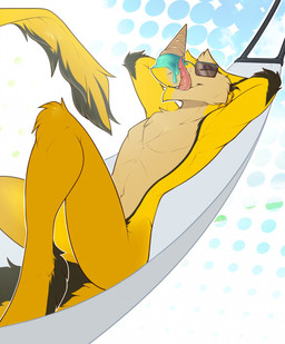 anthro dessert eyes_closed eyewear food hammock hands_behind_head ice_cream male reclining smile solo sunglasses tail tongue tongue_out dlw shiori_(anklav) sergal 2019 hi_res