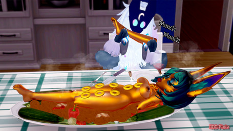 anthro apple apple_in_mouth cannibalism character_prepared_as_food cutlery death disembodied_leg dolcett duo female female/female food forced fork fruit furniture gore kitchen_utensils knife lying meat_on_bone nipples on_back on_table pineapple_slice plant plate roasted steam steaming_body table tools vegetable il00 league_of_legends riot_games tencent kindred_(lol) lamb_(lol) vex_(lol) 16:9 3d_(artwork) digital_media_(artwork) hi_res widescreen