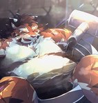 anthro bathing belly big_belly biped detailed_background kemono male one_eye_closed overweight overweight_male solo water wink boar_stag144 felid mammal pantherine tiger 2022 hi_res