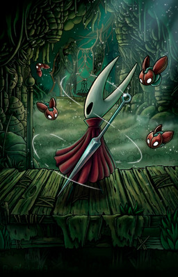 2_horns ambiguous_gender biped black_body black_eyes cloak clothed clothing cogfly detailed_background empty_eyes horn melee_weapon red_cloak red_clothing solo standing weapon weapon_on_back lokedx3 hollow_knight:_silksong hollow_knight_(franchise) team_cherry hornet_(hollow_knight) arthropod 2026 hi_res