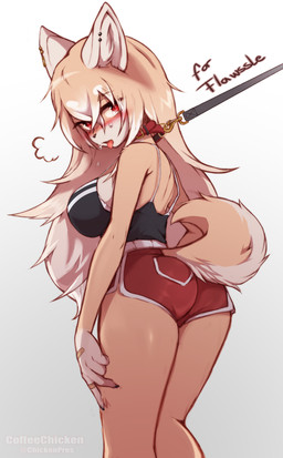 anthro big_breasts blonde_hair blush bodily_fluids bottomwear breasts butt clothed clothing collar dolphin_shorts female fur gradient_background grey_background hair leash leash_pull long_hair shorts simple_background solo sweat tail tan_body tan_fur text tongue tongue_out white_background coffeechicken canid canine canis domestic_dog mammal absurd_res digital_media_(artwork) hi_res shaded