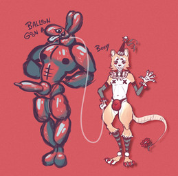 anthro athletic balloon balloon_animal bow_tie bulge claws clothed clothing clown clown_costume collar collar_only colored_nails duo flower_(anatomy) frilly genitals grin hat headgear headwear inflatable knot latex leash legwear male male/male nails nipple_tape nude party_hat pasties penis ribbons sharp_teeth smile tape teeth thigh_highs translucent translucent_body underwear underwear_only bewareawere balloon_goon bossy_(bewareawere) american_opossum animate_inanimate canid canine canis domestic_dog living_inflatable mammal marsupial virginia_opossum hi_res
