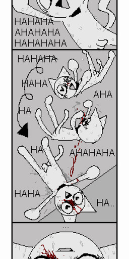 anthro balls bed blood blood_on_face bodily_fluids falling fangs furniture genitals laugh male noseless open_mouth open_smile penis smile solo teeth text bravobunny domestic_cat felid feline felis mammal absurd_res comic digital_media_(artwork) hi_res long_image pixel_(artwork) tall_image