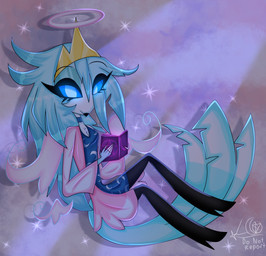 4_wings anthro beak blue_body blue_eyes blue_feathers blue_hair blue_sclera book clothed clothing crown disembodied_wings do_not_distribute feathers female hair halo headgear holding_book holding_object multi_wing occult_symbol pentacle solo sparkles symbol tiara wings 5starxluna hellaverse helluva_boss octavia_(helluva_boss) angel avian bird owl hi_res
