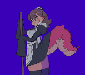 apron black_clothing blue_background bodily_fluids breasts broom brown_hair cleaning_tool clothed clothed_female clothed_humanoid clothing dress ear_piercing eye_through_hair eyelashes female hair holding_broom holding_cleaning_tool holding_object legwear long_sleeves maid_headdress maid_uniform medium_breasts mouth_closed piercing side_view simple_background solo squish sweat tail thick_tail thigh_highs thigh_squish translucent translucent_hair uniform white_apron white_clothing karu184 mythology nigiri_(karu184) animal_humanoid dragon dragon_humanoid humanoid mythological_creature mythological_scalie scalie 2023 digital_drawing_(artwork) digital_media_(artwork) hi_res