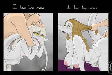 5_fingers abdominal_bulge abstract_background ahegao anthro anthro_penetrated areola arm_around_neck arm_bite bed big_areola big_breasts big_butt bite blonde_hair bodily_fluids breast_size_difference breasts butt butt_grab butt_squish cum cum_in_vagina cum_inside curvy_figure dialogue doggystyle eyelashes faceless_character faceless_human faceless_male female female_on_human female_penetrated fingers freckled_breasts freckled_butt freckled_face freckled_legs freckled_shoulders freckled_tail freckles from_behind_position furniture genital_fluids grey_body grey_scales group hair hair_grab hand_on_butt hourglass_figure huge_areola human_on_anthro human_penetrating human_penetrating_anthro human_penetrating_female interspecies leaking leaking_cum light-skinned_male light_body light_skin long_tail looking_pleasured male male/female male_human/female_anthro male_on_anthro male_penetrating male_penetrating_anthro male_penetrating_female mature_anthro mature_female nipples nude nude_anthro nude_female nude_human nude_male on_bed penetration penile penile_penetration penis_in_vagina scales sex smile snout squish sweat sweatdrop tail tail_motion tail_tuft tailwag teeth text thick_thighs touching_hair trio tuft vaginal vaginal_penetration voluptuous voluptuous_anthro voluptuous_female white_eyes wide_hipped_anthro wide_hipped_female wide_hips yellow_sclera ratherdevious cavemanon_studios snoot_game judee tarja_(snoot_game) dinosaur human mammal prehistoric_species reptile saurischian scalie theropod troodon troodontid 2025 absurd_res artist_name digital_drawing_(artwork) digital_media_(artwork) english_text handwritten_text hi_res watermark daughter_(lore) mother_(lore) mother_and_child_(lore) mother_and_daughter_(lore) parent_(lore) parent_and_child_(lore) parent_and_daughter_(lore)