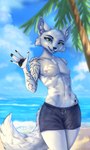 anthro beach breasts casual_exposure clothed clothing female fur green_eyes multi_nipple navel nipples palm_tree plant sea seaside small_breasts solo swimming_trunks swimwear tail topless topless_female tree water white_body white_fur conditional_dnp shirsha male_swimwear_challenge lily_(atrumpet) canid canine canis mammal wolf absurd_res hi_res