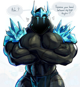 biceps black_body bottomwear clothing crossed_arms dialogue hood loincloth male markings muscular muscular_male narrowed_eyes obscured_face pecs shoulder_pads solo speech_bubble squint steam text thick_thighs its_coldpizza epic_games fortnite ice_king_(fornite) humanoid absurd_res english_text hi_res
