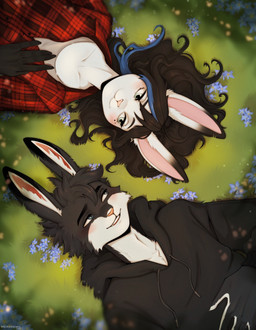 anthro biped blush claws clothed clothed_anthro clothed_female clothed_male clothing duo eye_contact female fingers fur hair looking_at_another lying male on_back outside smile teeth mergremil lagomorph leporid mammal rabbit 2026 digital_drawing_(artwork) digital_media_(artwork) hi_res