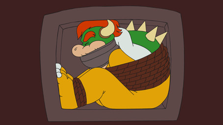 ankles_tied anthro bdsm bondage bound brown_background captured claustrophobia claws crate eyes_closed fur gag gagged hair hands_tied horn male muscular muscular_anthro muscular_male orange_body orange_fur red_hair restraints rope rope_bondage shell simple_background solo spiked_shell spikes spikes_(anatomy) submissive submissive_male trapped bondagefanart mario_bros nintendo bowser koopa scalie 16:9 animated digital_media_(artwork) loop widescreen