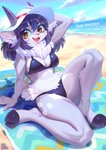 2_toes 4_horns anthro barefoot beach bikini black_hair bovid_horn caprine_horn clothing cloven_hooves feet female female_anthro fur goat_horn grey_body grey_fur hair hat headgear headwear hooves horn kemono multi_horn neck_tuft plantigrade ram_horn sea seaside smile solo swimwear toes towel tuft two-piece_swimsuit water yellow_eyes aruurara dakota_(kaggy1) bovid caprine mammal sheep 2020 better_version_at_source digital_media_(artwork) hi_res irreplaceable_bvas