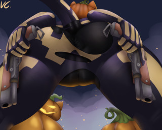 anthro anus black_body bodysuit clothing dual_wielding female food for_a_head fruit genitals gun handgun holding_object holding_weapon holidays jack-o'-lantern low-angle_view pistol plant pumpkin pumpkin_head ranged_weapon rear_view skinsuit solo spandex tail tight_clothing torn_bodysuit torn_clothing torn_skinsuit vulva weapon vernoncaolo epic_games fortnite halloween spice_(fortnite) domestic_cat felid feline felis mammal object_head hi_res