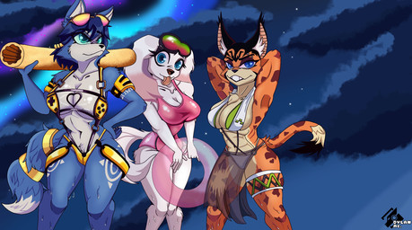anthro beach blue_body blue_fur blue_hair clothing female female/female fur group hair night orange_body orange_fur star swimwear trio white_body white_fur dylan_ac nintendo star_fox fay_(star_fox) krystal_(star_fox) miyu_(star_fox) canid canine felid feline fox lynx mammal hi_res