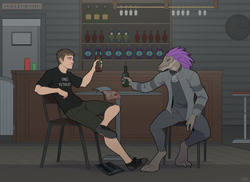 ankle_crossing_knee ankle_crossing_leg anthro arms_bent bar_stool beak bent_leg bent_legs bikini bottle bottomwear breasts brown_eyes brown_hair butt chair claws clock clothed clothing collar container crossed_legs cup drinking_glass duo extended_leg female footwear furniture glass glass_container glass_cup gun hair hands_behind_head head_feathers holding_bottle holding_container holding_object jacket leg_over_edge legs_over_edge looking_at_another magazine male neck_collar open_clothing open_jacket open_topwear over_edge pants purple_eyes raised_arms ranged_weapon shirt shoes sitting_at_table stool swimwear t-shirt table teeth toothed_beak topwear two-piece_swimsuit weapon wine_bottle wine_glass gmerk halo_(series) microsoft xbox_game_studios nuc_meq tenth_(tenthringwanderer) alien human kig-yar mammal scalie t'vaoan hi_res