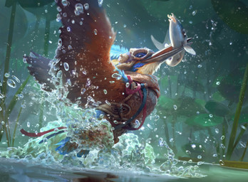 ambiguous_gender beak blue_body blue_feathers clothed clothed_feral clothing duo feathered_wings feathers feral fish_in_mouth flying goggles_on_face in_mouth lake open_mouth outside splash tail water wings jakob_eirich hasbro magic:_the_gathering wizards_of_the_coast aquatic avian bird coraciiform fish kingfisher 2024 digital_media_(artwork) official_art