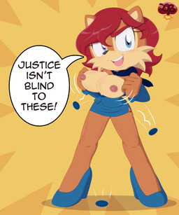 anthro areola big_breasts blue_eyes breasts brown_body brown_fur clothed clothing dialogue female footwear fur hair high_heels holding_clothing holding_object looking_at_viewer nipples open_clothing open_mouth open_topwear red_hair shoes simple_background smile solo speech_bubble talking_to_viewer teeth text topwear ladycherrybomba archie_comics sega sonic_the_hedgehog_(archie) sonic_the_hedgehog_(comics) sonic_the_hedgehog_(series) sally_acorn chipmunk ground_squirrel mammal rodent sciurid digital_media_(artwork) english_text hi_res