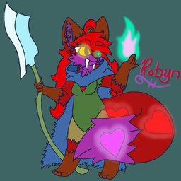 anthro axe battle_axe big_hair blue_clothing brown_body brown_ears brown_fur clothing dipstick_tail elemental_manipulation fangs female fire fire_manipulation fur glowing glowing_eyes glowing_markings green_clothing green_eyes hair heart_(marking) heterochromia holding_axe holding_object holding_weapon inner_ear_fluff markings multicolored_body multicolored_ears multicolored_fur purple_body purple_fur purple_inner_ear purple_inner_ear_fluff purple_tail_tip red_body red_clothing red_fur red_hair red_tail sabertooth_(anatomy) solo standing tail tail_markings teeth tuft two_tone_body two_tone_ears two_tone_fur two_tone_tail weapon yellow_eyes robynsnowyfoxxo robyn_(robynsnowyfoxxo) canid canine felid fox hybrid mammal prehistoric_species saber-toothed_tiger 1:1 low_res signature demigirl_(lore) nonbinary_(lore) trans_(lore) trans_woman_(lore)