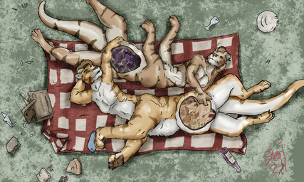 alcohol anthro basket beverage breasts brown_body brown_fur container day death duo feet female forced fur green_grass group hand_on_another's_belly hand_on_belly internal lying male male_pred nipples nude_pred on_back on_side outside picnic picnic_basket picnic_blanket purple_body purple_fur red_text smile spread_legs spreading striped_body striped_fur stripes tail text unwilling_prey vore white_body white_fur willing_pred wine jeri_kleinlowe felid felid_taur mammal mammal_taur pantherine pantherine_taur species_request taur tiger tiger_taur 2024 colored dated hi_res signature