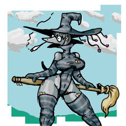 accessory anthro arms_bent armwear breasts broom cleaning_tool clothed clothing collared_shirt detached_sleeves elbow_gloves eyewear female front_view glasses glistening_thighs gloves grey_body grey_clothing grey_hair hair handwear hat head_turned headgear headwear holding_object hood legwear leotard magic_user medium_breasts mouthless multicolored_clothing navel_outline outside pattern_clothing pattern_gloves pattern_handwear pattern_legwear pattern_thigh_highs pupils shirt skimpy sky skyscape small_pupils small_waist smoking_pipe solo standing striped_clothing striped_gloves striped_handwear striped_legwear striped_thigh_highs stripes thick_thighs thigh_highs tight_clothing topwear two_tone_clothing wearing_glasses wide_hips wide_stance witch witch_hat zhmernalt steamfalish_witch 1:1 hi_res