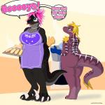 anthro breasts bulge butt crossgender delta_rune_(emblem) duo eyewear female garlic_bread glasses gynomorph intersex mature_female paws slightly_chubby symbol tattoo text nx-42 undertale undertale_(series) immelmann_(character) rebecca_raptor tsumi_(character) dinosaur dromaeosaurid prehistoric_species reptile scalie theropod velociraptor 1:1 absurd_res digital_media_(artwork) english_text full-length_portrait hi_res portrait