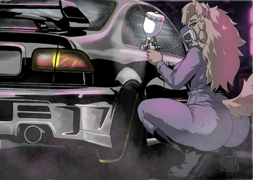 anthro big_butt boots butt car clothing crouching female fog footwear graphic_novel gun mask neon_lights overalls paint painting_(object) ranged_weapon shoes solo spray_paint thick_thighs vehicle weapon wearing_mask fur_boy7 honda canid canine canis mammal wolf absurd_res digital_drawing_(artwork) digital_media_(artwork) hi_res