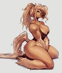 anthro athletic athletic_female big_breasts bra breasts cleavage clothed clothing female fur hair hooves kneeling looking_at_viewer simple_background solo tail thick_thighs underwear furlana scarlett_(elusivejackal) equid equine horse mammal 2023