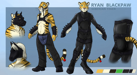 accessory anthro bdsm bell black_boots black_clothing black_footwear black_harness black_latex black_skinsuit blue_background boots clothed clothing footwear front_view fur furgonomics glistening glistening_eyes green_eyes harness latex latex_clothing latex_skinsuit looking_at_viewer male male_anthro markings mask mouth_closed petplay roleplay shoes simple_background skinsuit slim_anthro slim_male solo standing striped_arms striped_body striped_fur striped_markings striped_tail stripes tail tail_accessory tail_bell tail_markings tight_clothing wearing_mask hufnaar ulbrek felid mammal pantherine tiger model_sheet